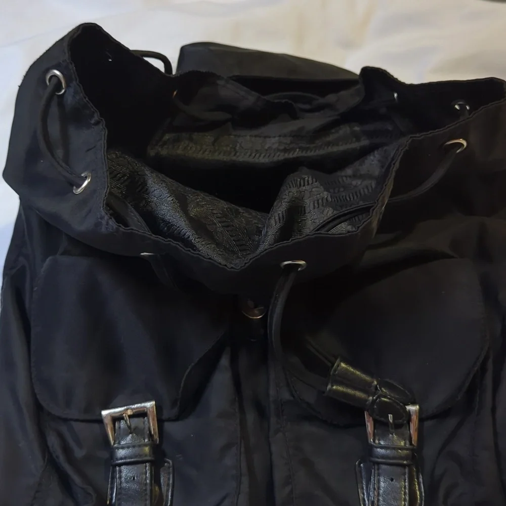 Prada Tessuto Black Nylon Backpack Double Pocket Drawstring Buckle Designer - Picture 6 of 11